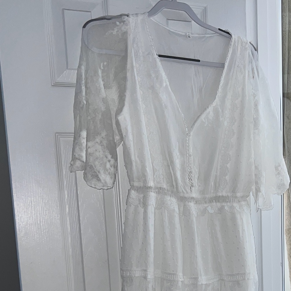 Boho Lace White Short Sleeve Ruffle Embroidery High Waist Photoshoot Maternity